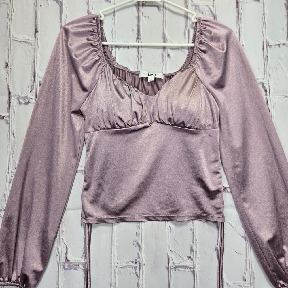Madden NYC Womens Club Satin Long‎ Sleeve Ruched Drawstring Top Size M NT098AP37